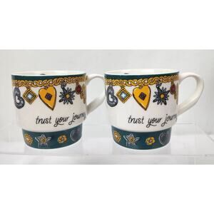 2 Brighton Stacking Coffee Tea Mugs "Trust your Journey" Teal Gold Silver Jewels